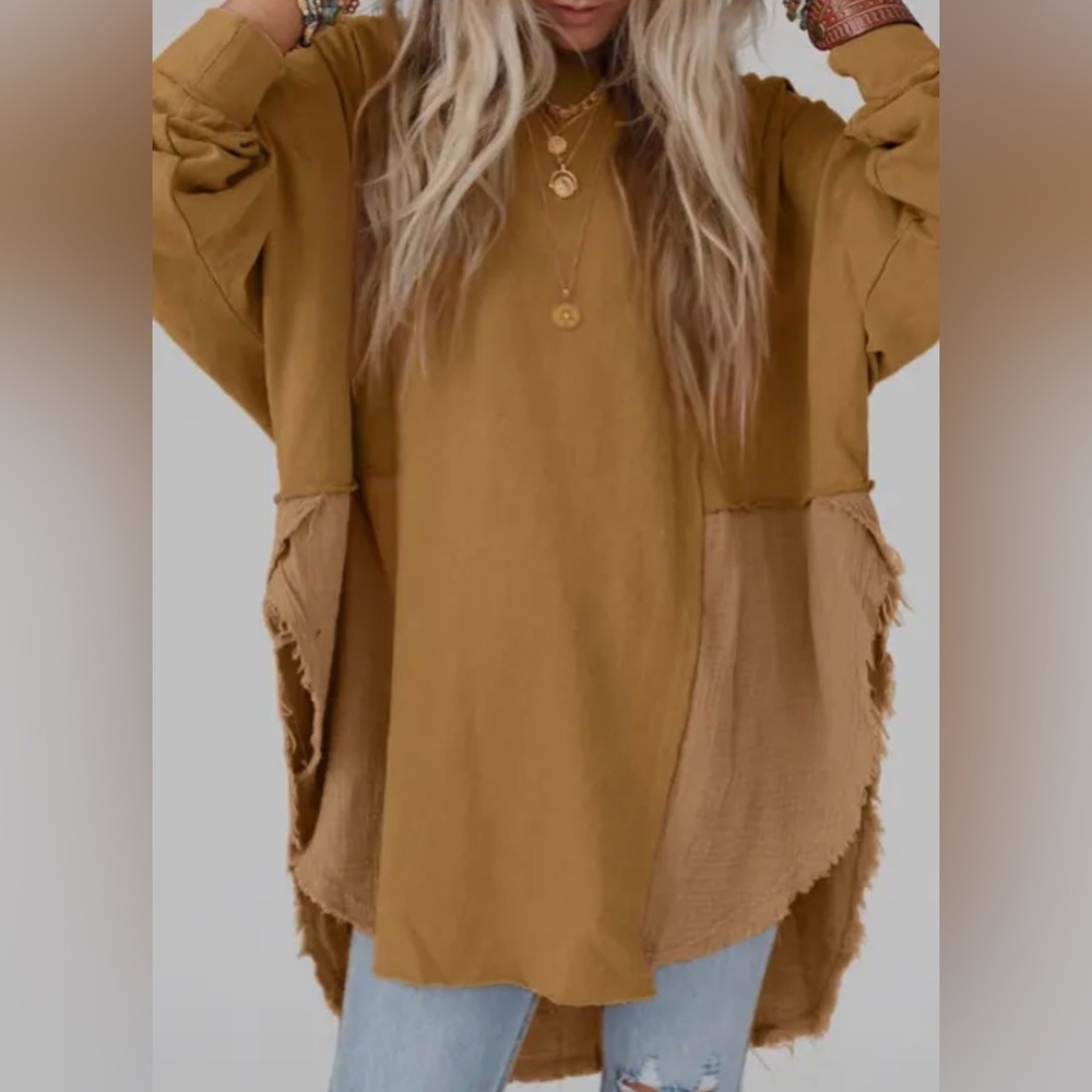 Oversized Two-Tone Tunic Top, Camel Brown, Long Sleeve, Distressed Hem